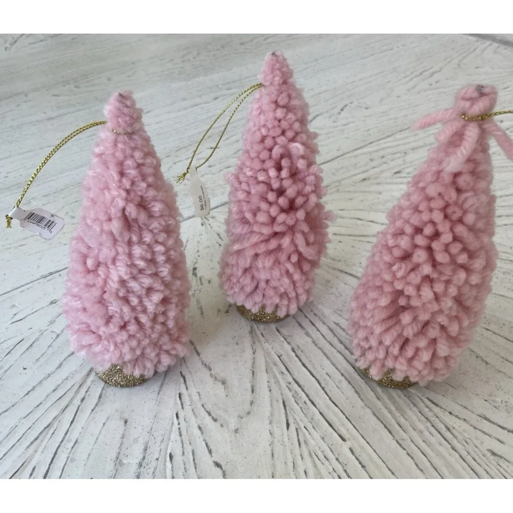 NWT  Set of 3 Pink Yarn Trees Gold Glitter Base Christmas Ornaments